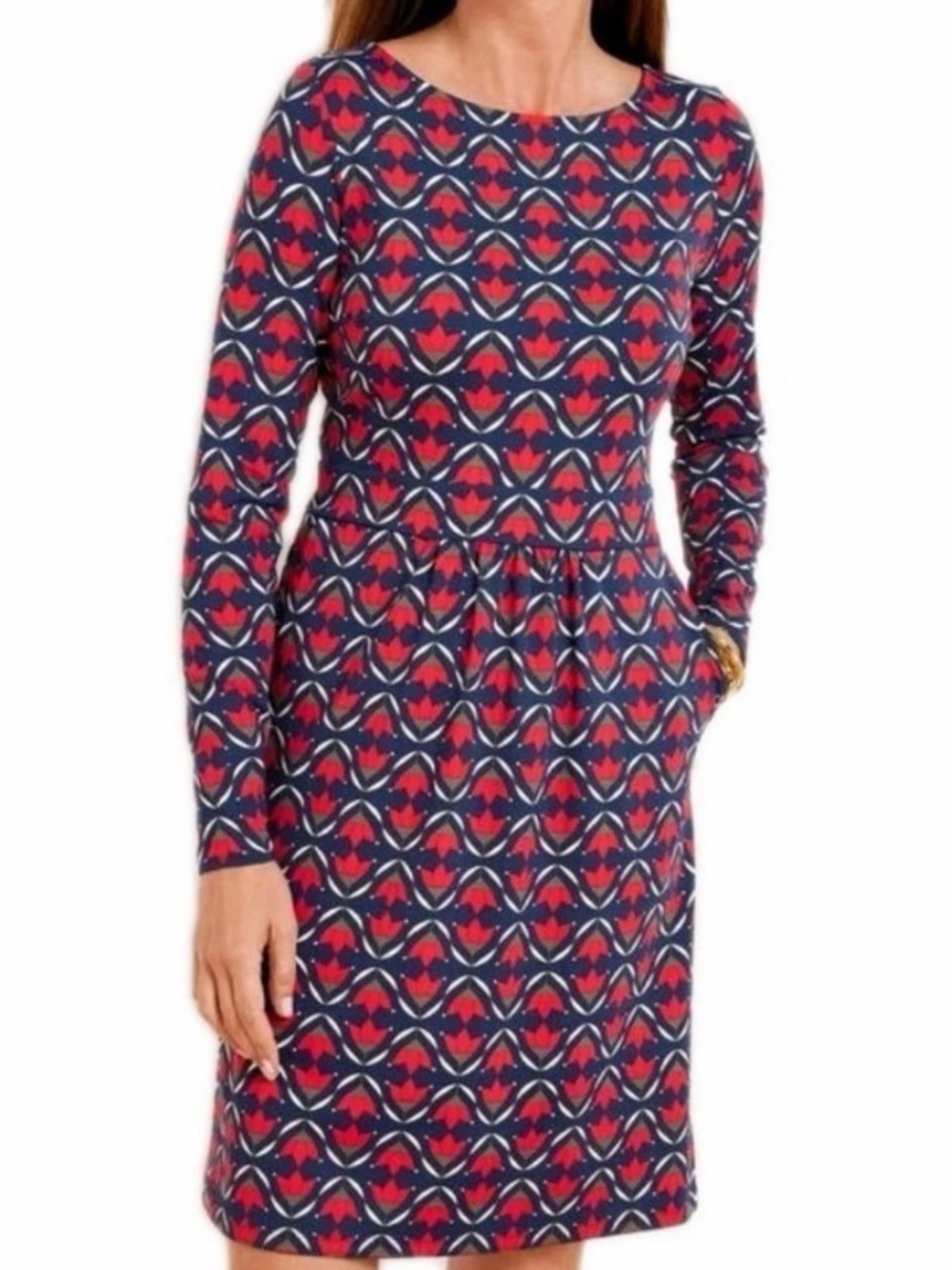 Talbots Effortless Jersey Navy Dress with Red Tulip Geometric Print